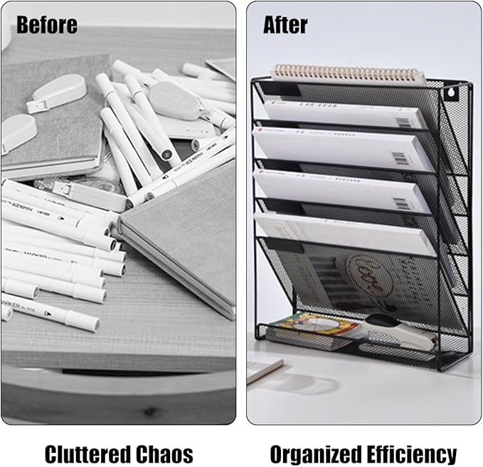 1 Pcs 6-Tier Magnetic File Holder, No Drilling Magnetic File Organizer, Black Large Capacity Wall File Holder for File Cabinets, Office, Whiteboard, Magnetic Mail Holder
