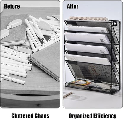 1 Pcs 6-Tier Magnetic File Holder, No Drilling Magnetic File Organizer, Black Large Capacity Wall File Holder for File Cabinets, Office, Whiteboard, Magnetic Mail Holder