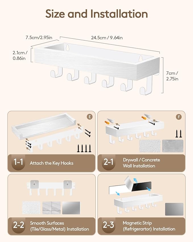 Key Holder Wall Mount Adhesive Magnetic - Hanging Key Hooks with Mail Organizer Tray for Wallet House Accessories - Keys Hanger Rack with Shelf for Camper Entryway Door Home Living Room Decor White