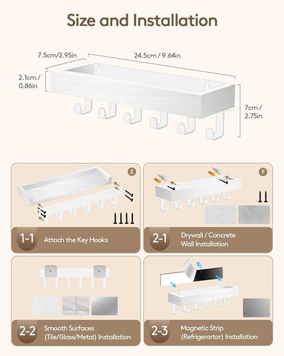 Key Holder Wall Mount Adhesive Magnetic - Hanging Key Hooks with Mail Organizer Tray for Wallet House Accessories - Keys Hanger Rack with Shelf for Camper Entryway Door Home Living Room Decor White
