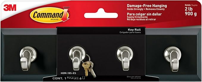 3M Command HOM18SES Decorative Key Rail, 8w x 1 1/2d x 2 1/8h, Black/Silver, 4 Hooks/Pack