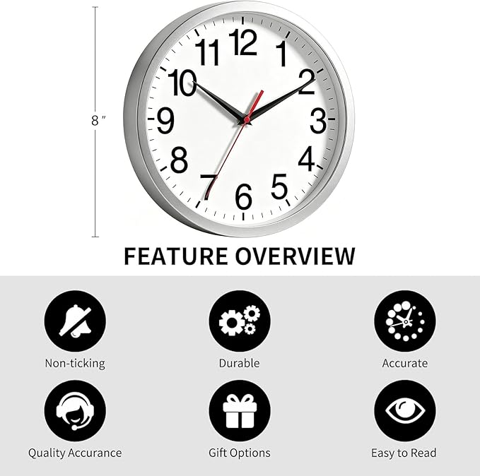 Rohioue Wall Clock Modern 8 Inch Battery Operated Silent Non Ticking Small Analog Clock Decorative for Living Room Office Home Bedroom Kitchen Bathroom(Silver)