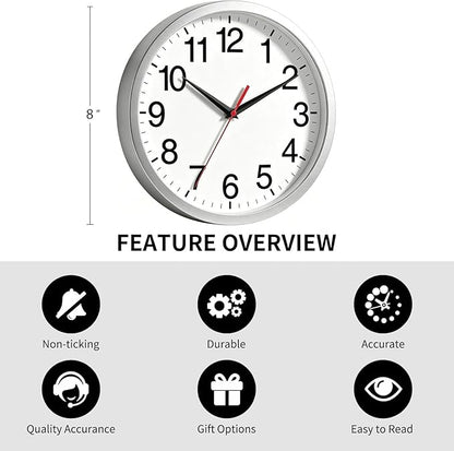 Rohioue Wall Clock Modern 8 Inch Battery Operated Silent Non Ticking Small Analog Clock Decorative for Living Room Office Home Bedroom Kitchen Bathroom(Silver)