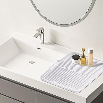 TIKNIK Silicone Dish Drying Mat for Kitchen Counter - Heat Resistant & Non-Slip Dish Drain Pad with Built-In Drain, Dishwasher Safe, Quick-Dry, Hangable & Roll-Up for Storage, White-2pcs, 20" x 15"
