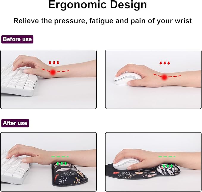 Ergonomic Mouse Pad with Wrist Rest and Keyboard Wrist Rest, Wrist Rest for Computer Keyboard, Easy Typing, Pain Relief, Black Mouse Pad with Wrist Support for Gaming,Office, Laptop, Garden Flowers