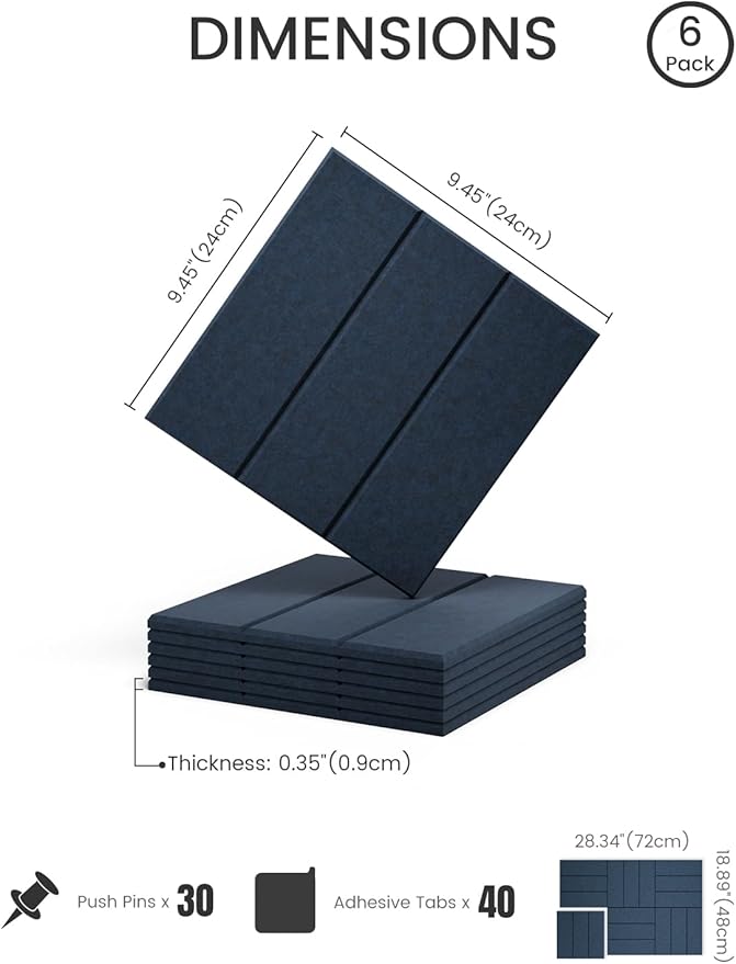 Fluxynara Felt Bulletin Board Tiles -28"x18" with 40 Adhesive Tabs, Cork Board Alternative for Office Decor, Push Pin Board Wall Organizer 6-Pack(Navy Blue)
