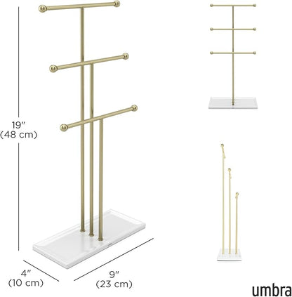 Umbra Trigem Hanging Jewelry Organizer Tiered Tabletop Free Standing Necklace Holder Display, White/Gold