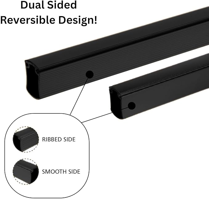 Premium hourglass closet rod - custom cut to size. Hourglass shaped wardrobe tube, protective top cover, seamless and reversible with ribbed and smooth sides. (Matte Black)