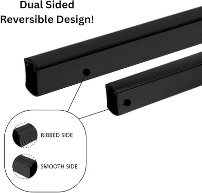Premium hourglass closet rod - custom cut to size. Hourglass shaped wardrobe tube, protective top cover, seamless and reversible with ribbed and smooth sides. (Matte Black)