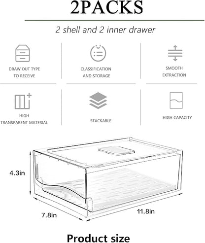 bealy 2 Pack Large Capacity Refrigerator Organizer and Storage, Fruit Storage Containers,Stackable Storage Containers for Drinks, Meat,Vegetable,Produce,Kitchen, Barbecue Shop, Restaurant, BPA-Free