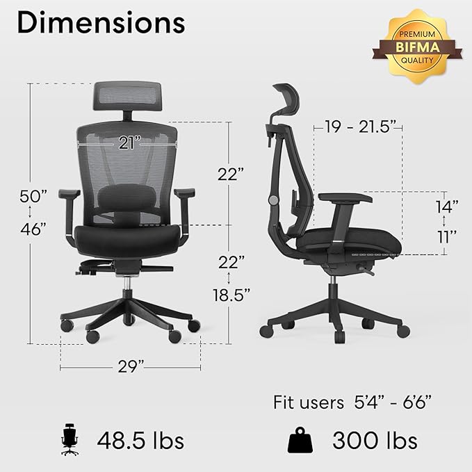 AUTONOMOUS ErgoChair Pro Black White Ergonomic Office Chair For Back Pain Relief Adjustable Lumbar Support, Headrest, Big And Tall Home Office Desk Chair Comfy 300 LBS with Swivel Wheels For Long Hour
