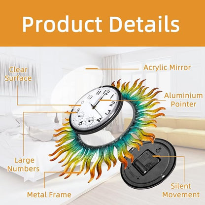 13'' Sun Outdoor Clock, Wall Clock with Thermometer & Humidity Silent No-Ticking Waterproof for Patio, Living Room, Kitchen