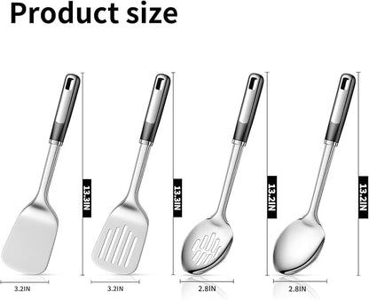 4-Piece Stainless Steel Utensils Set, Heavy-Duty Thickened Cooking Utensils – Solid & Slotted Turner, Solid & Slotted Spoon, Metal Spatula Set for Kitchen, Durable Steel Utensils for Cooking