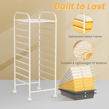 COSTWAY 10-Drawer Rolling Storage Cart, Utility Mobile Trolley with Removable Drawers & Universal Casters & 2 Brakes, Versatile Flexible Drawer Organizer Cart for Home, Office (Yellow)