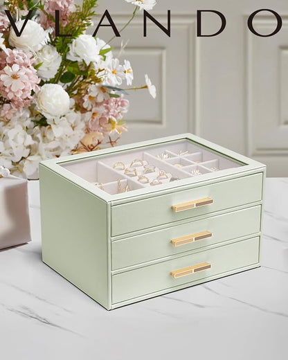 VLANDO Jewelry Box for Women, Glass Lid Jewelry Organizer with 3 Drawers for Necklaces Rings Earrings Bracelets - Sage Green