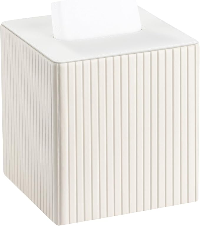 KINGFOM Square Pu Leather Tissue Box Cover, Modern Facial Tissue Holder, Roll Tissues Paper Case Dispenser for Bathroom Vanity Countertop, Night Stands, Office Desk (Off-White Strips)