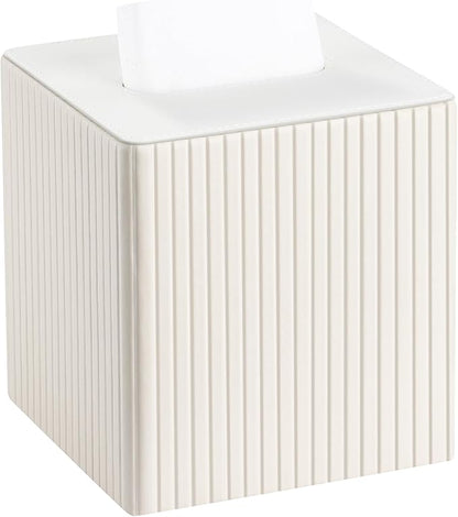 KINGFOM Square Pu Leather Tissue Box Cover, Modern Facial Tissue Holder, Roll Tissues Paper Case Dispenser for Bathroom Vanity Countertop, Night Stands, Office Desk (Off-White Strips)