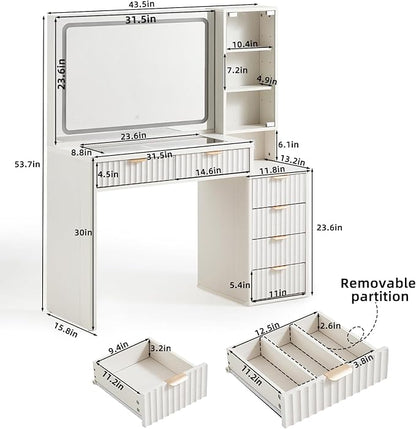 LEYAOYAO Vanity Desk with Mirror and Lights, 43.5'' Fluted Makeup Vanity with 6 Drawers and Adjustable Shelves, Wood TC Make Up Vanity Dressing Table with Glass Top and Power Outlet for Bedroom