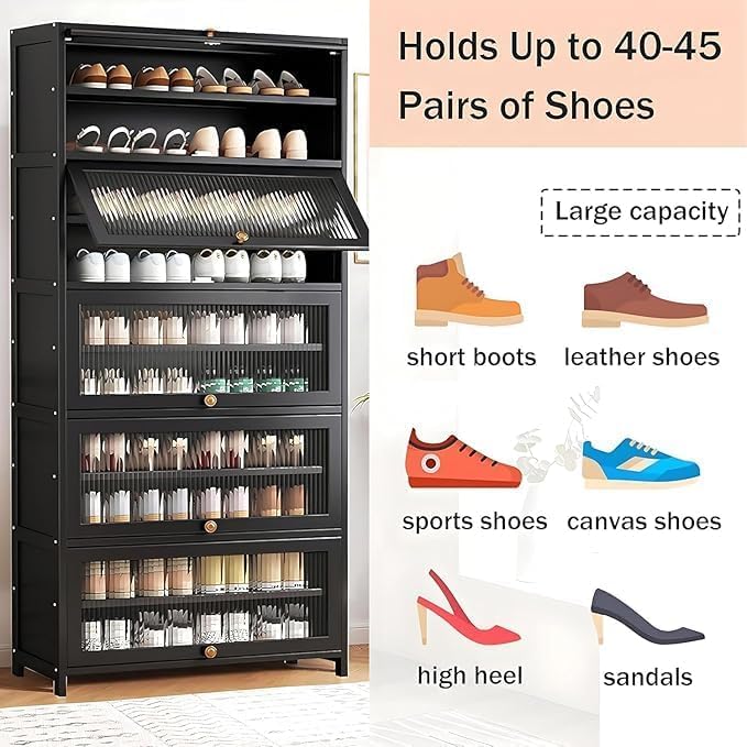 Tall Bamboo Shoe Cabinet with Doors, 11-Tier Shoe Rack for Closet, Freestanding Shoe Storage Cabinet for Hallway Living Room (Black-02)