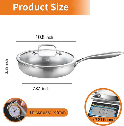 DELARLO Stainless Steel Pan 10.3Inch, Triply Stainless Steel Frying Pan with Lid, Heavy Duty, Compatible with Induction, Gas and Electric up to 650℉, Fast & Even Heating, Dishwasher, Oven Safe Skillet