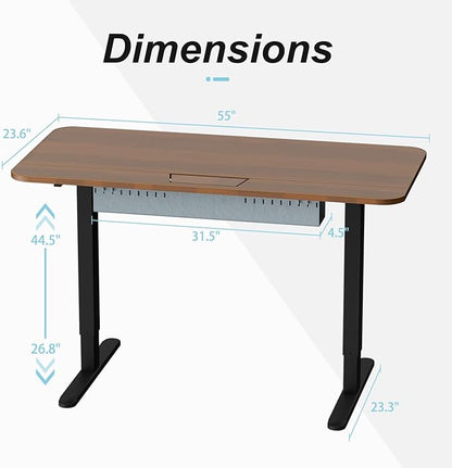 Electric Standing Desk with Cable Management Tray,55x24 Inch Adjustable Height Sit Stand Desk,with Memory Presets & Anti-Collision Computer Desk,for Office,Home,Walnut Top&Black Frame