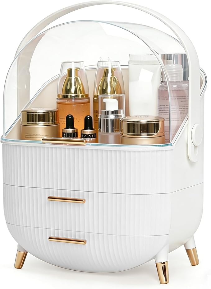 Makeup Organizer and Storage for Bathroom Vanity Countertop, Portable Travel Cosmetic Display Cases with Lid and Drawers, Gift for Women and Girls -White