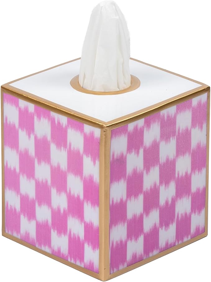 Jaye’s Studio Ikat Checkered Tissue Box Cover Gold Trim, Pink & White Tissue Box Cover Square, Facial Tissue Holder, Enamel Tissue Box Holder for Bathroom Vanity, Bedroom, Office, Checkered Home Decor