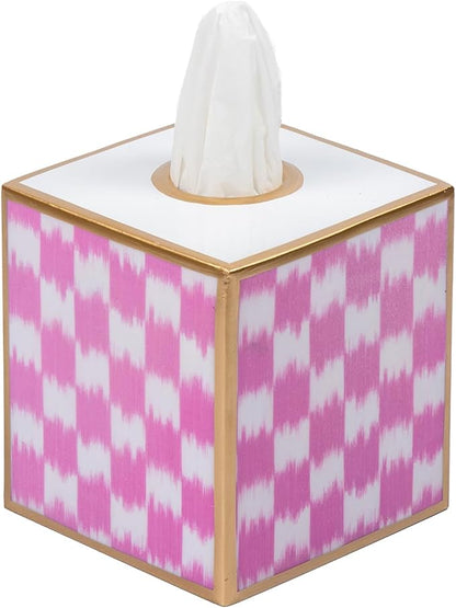 Jaye’s Studio Ikat Checkered Tissue Box Cover Gold Trim, Pink & White Tissue Box Cover Square, Facial Tissue Holder, Enamel Tissue Box Holder for Bathroom Vanity, Bedroom, Office, Checkered Home Decor