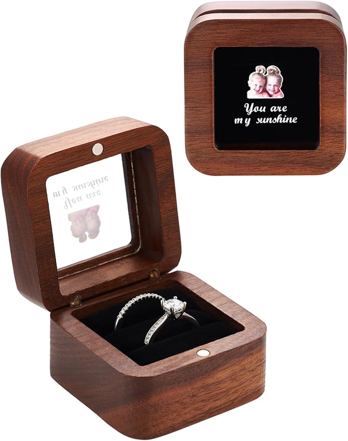 Custom4U Wooden Ring Box 2 Slots with Photo Personalized Vintage Square Wedding Holder for Proposal Custom Ring Bearer for Ceremony Jewelry Gift