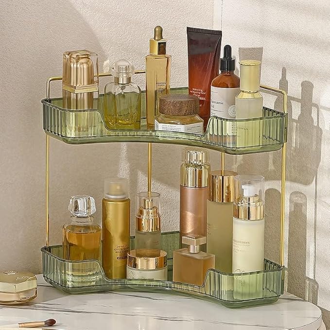 Corner Bathroom Counter Organizer, Vanity Tray for Skincare Makeup, 2-Tier Counter Shelf (Green)