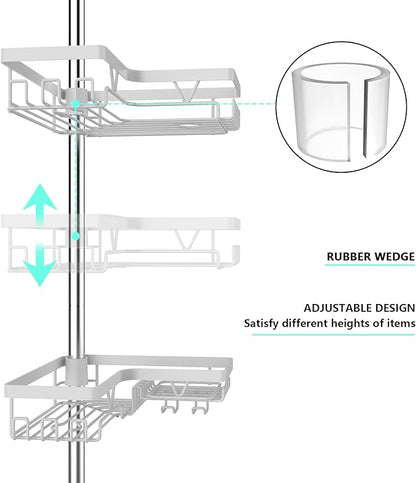 KEGII Corner Shower Caddy Tension Pole - 4-Tier Rustproof Bathroom Organizer, Floor to Ceiling Shower Caddy 25-114.2 inch, No Drilling Shower Storage Rack for Shampoo, Towels (Matte White) | Rustproof