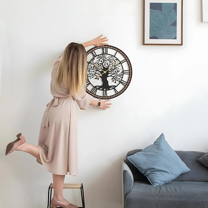 Micasso Non-Ticking Large Wall Clock: 21Inch Tree of Life Metal Black with Solid Wood Frame - Battery Operated Silent Clock for Living Room/Office/Bedroom/Kitchen - Home Decor for Trendy Fashionistas