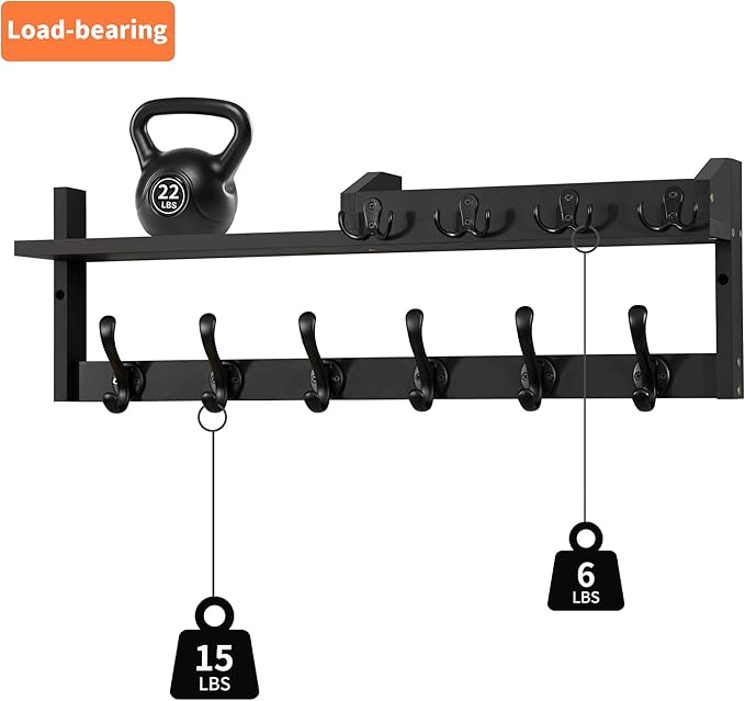 Coat Rack Wall Mount with Shelf, 27.5" Entryway Wall Hanging Shelf, Coat and Key Hanger with 10 Dual Hooks, Mail Organizer and Key Holder Hat Rack for Wall, Wood Coat Hooks with Storage