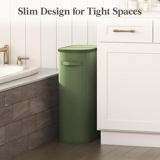 Lifewit Slim Laundry Basket with Lid, Narrow Large Laundry Hamper with Plastic Handles and Removable Bag, Tall Foldable Dirty Clothes Hampers for Laundry Room, Bedroom, Bathroom, Dorm, 65L Green