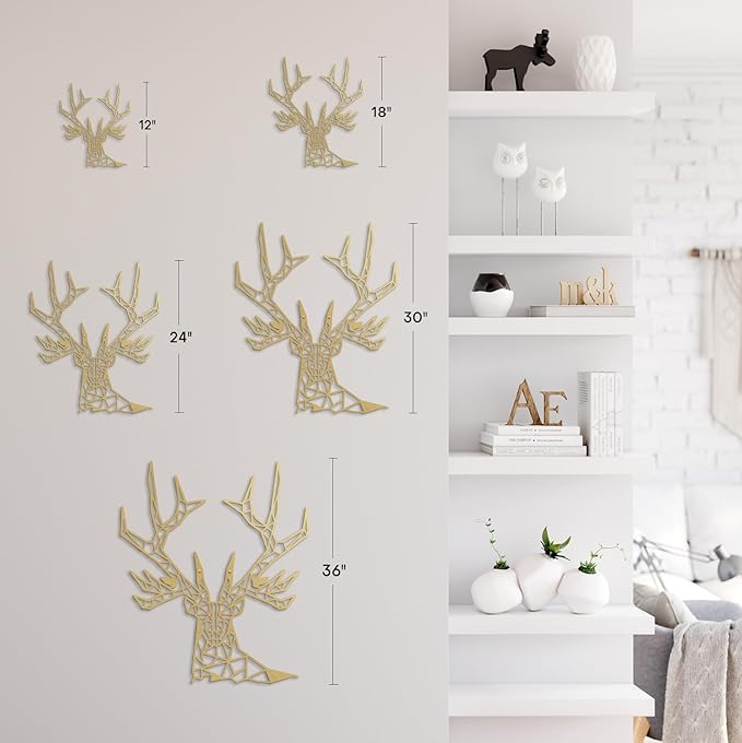SIGNLEADER Metal Wall Art Decor Geometric Deer Head Modern Abstract Wall Sculpture Hangings Home Decoration for Living Room, Bedroom, Bathroom, Kitchen, Outdoor - 12" Gold