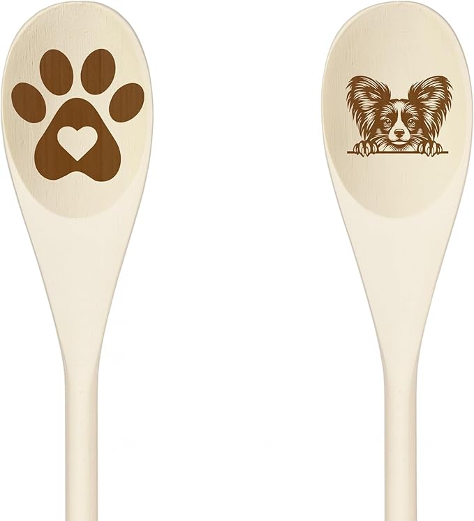 PAPILLON Wooden Spoons for Cooking, Serving or Decorative Kitchen Utensils Set Dog Lover Dog Mom/Dad Gift with Peeking Dog Designs, Paw Print and Dog Head, Kitchen Utensils Set of 2