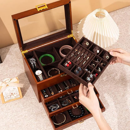4-Layer Black Walnut Wooden Jewelry Box with Glass Lid, Soild Wood,Jewelry Organizer for Versatile Necklace, Watch, Ring Earring Storage for Women Christmas Gift