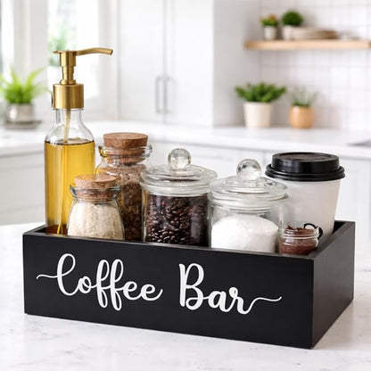 Coffee Station Organizer Coffee Bar Wood Countertop Accessories for Home Office Kitchen Countertop Organizer Condiment Station Storage Farmhouse Coffee Bar Decor 12"L x 6.6"W x 3.6"H, Black