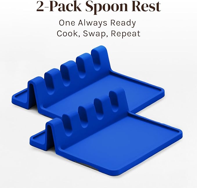 Cooler Kitchen Blue Silicone Spoon Rest for Stove Top with Drip Pad (Two Pack) - Heat Resistant BPA Free Utensil Rest & Spoon Holder for Kitchen Counter - Grill Utensil Holder - Spatula Holder