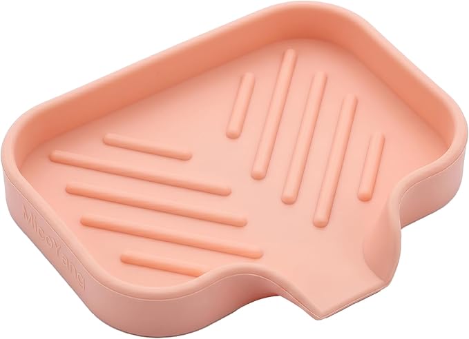 MicoYang Silicone Soap Dish with Drain Spout, Self-Draining Sink Organizer Tray for Bathroom and Kitchen, Sponges, Dispensers and Soap Holder, Non-Slip and Dishwasher Safe, Pink (Compact, 4.9"×3.2")