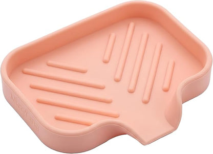 MicoYang Silicone Soap Dish with Drain Spout, Self-Draining Sink Organizer Tray for Bathroom and Kitchen, Sponges, Dispensers and Soap Holder, Non-Slip and Dishwasher Safe, Pink (Compact, 4.9"×3.2")