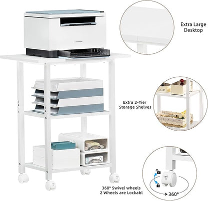 Lerliuo 3-Tier Printer Stand, Industrial Mobile Printer Table with Storage Shelf and Steel Frame, Rolling Printer Cart Holder with Lockable Wheels for Home, Office (White)