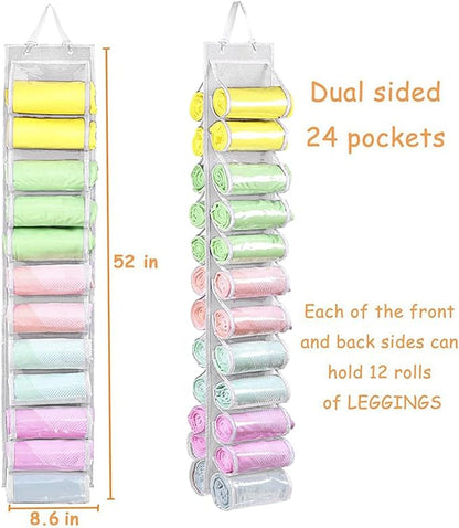 Legging Storage Bag Hanger - Can Hold 24 Leggings, Shirts or Jeans - Foldable Clothes Organizer, Portable Closet Roll Holder (White)