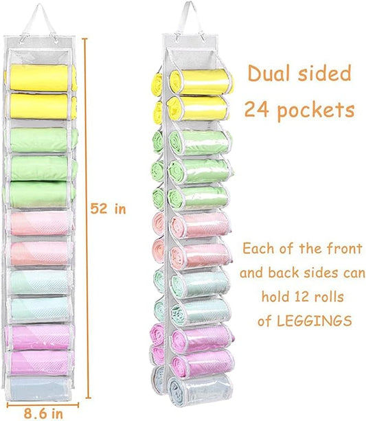 Legging Storage Bag Hanger - Can Hold 24 Leggings, Shirts or Jeans - Foldable Clothes Organizer, Portable Closet Roll Holder (White)