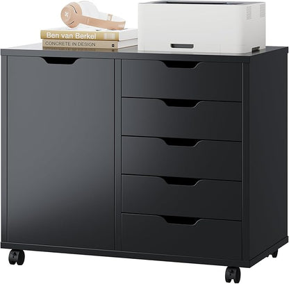 DUMOS 5 Drawer File Cabinet Office Drawers Organizer with Wheels, Under Desk Cabinets with Shelves and Door Printer Stand with Wood Board Metal Frame for Home Office Storage Craft Room, Classic Black