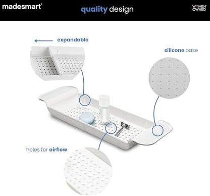 madesmart Expandable Bath Shelf, Adjustable Bathtub Tray for Bath-Night, Holds Glasses, Soaps, Toys & Bath Essentials, Non-Slip Grip, Fits Most Tubs, White