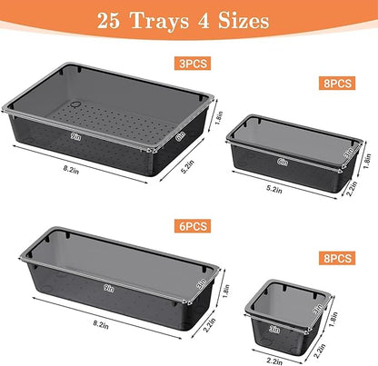 SpaceHacks 25 PCS Plastic Drawer Organizer Set, 4-Size Versatile Organizer Trays & storage Bins for Makeup, Jewelry, and Gadgets in Bathroom, Bedroom and Office,Clear Black