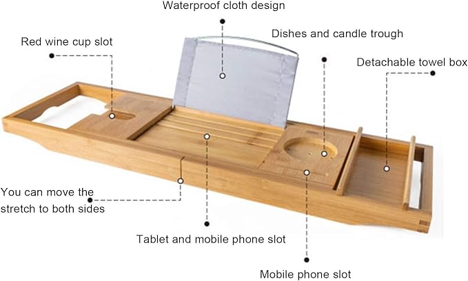 Bath Caddy Tray Bamboo Bathtub Tray Caddy Expandable with Wine Glass Holder and Book Stand