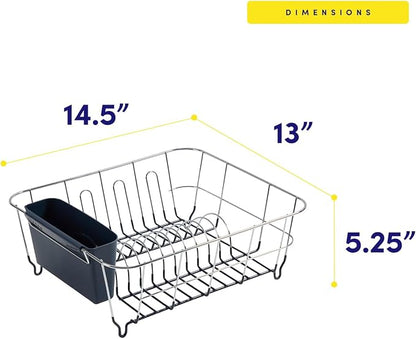 Dish Drying Rack & Cutlery Holder 2 Piece Set - Compact Sink-Fitting Dish Drainer with Rubberized Undercoating, Space-Saving Kitchen Organizer for Plates, Cups, Bowls & Utensils in Sink, Navy Blue