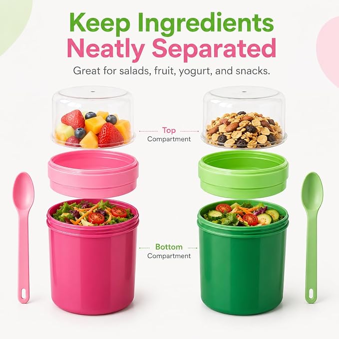 27oz Reusable Yogurt Parfait & Overnight Oats Cups – 100% Leakproof with Lid & Spoon, 4-Pack for Meal Prep, Breakfast & Gym Lunch(Pink,Green